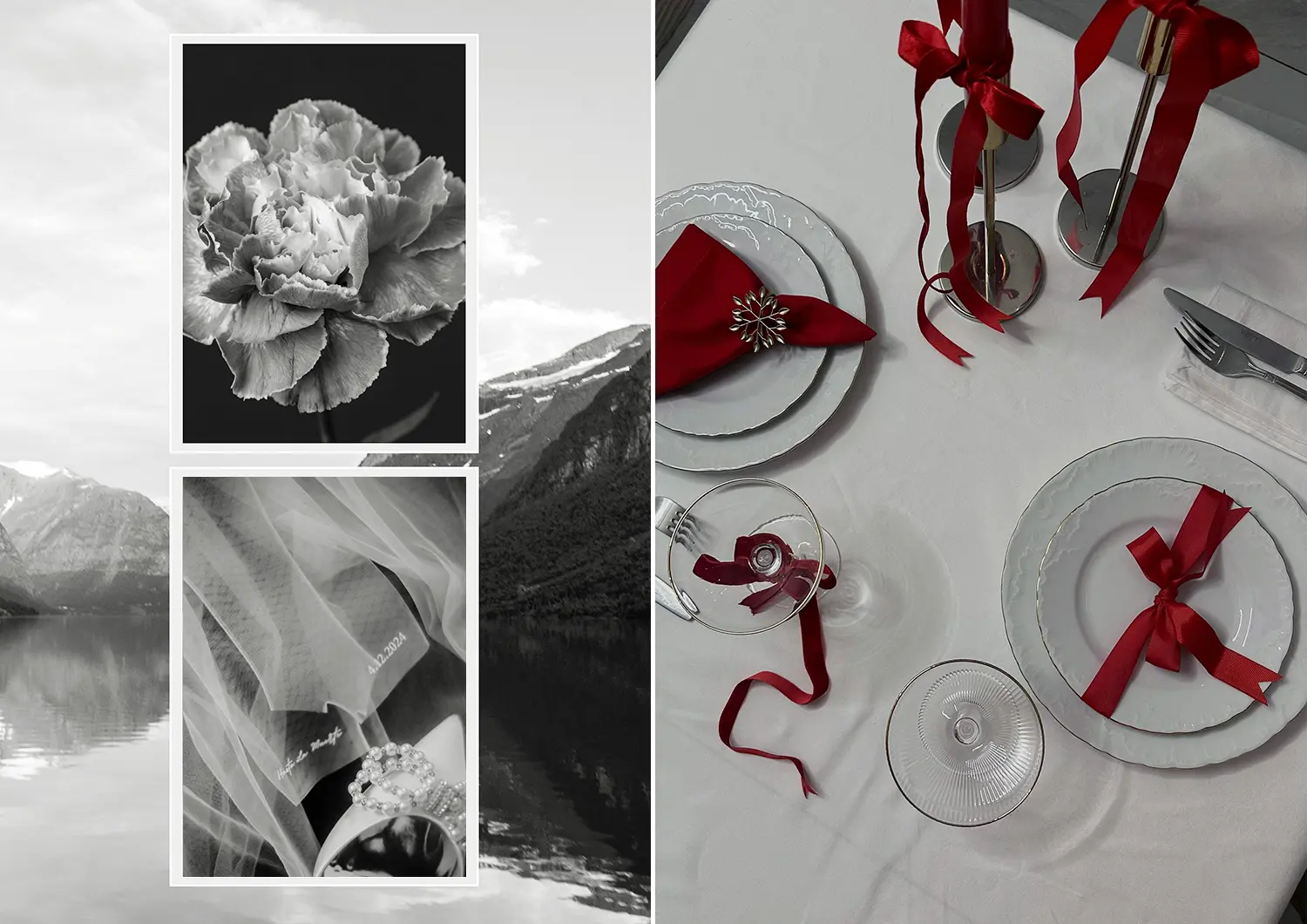 Left: Black and white mood board-style collage featuring a flower, bridal accessories like shoes, and an embroidered veil. Right: Coordinated table setting with red accents, including bows on plates, candles, and red napkins, complementing the mood board theme.